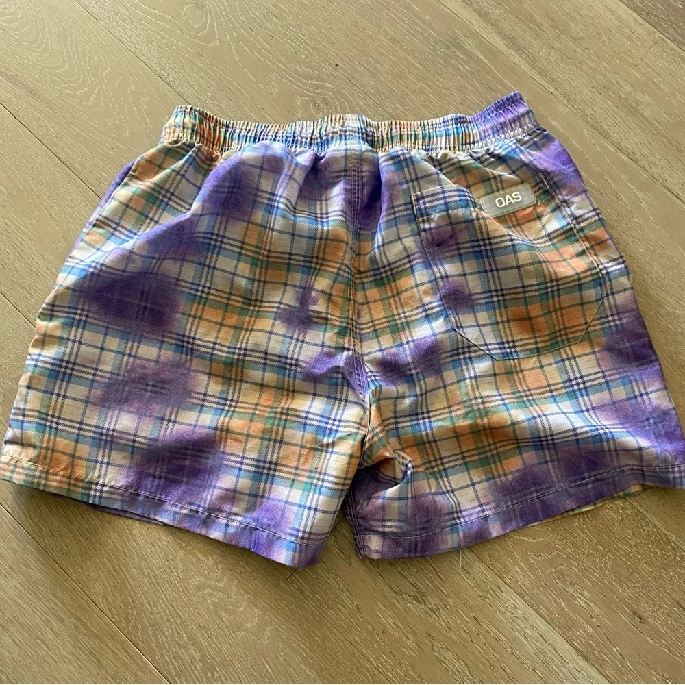 OAS TARTAN TIE DYED 4’ inch swim trunks pockets elastic drawstring waist M